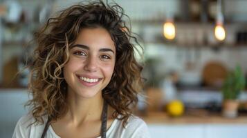 AI generated A bright and beautiful photograph of a young beautiful woman with curly hair washing dishes photo
