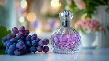 AI generated A beautiful glass bottle with purple eau de toilette stands on the left on a white table photo