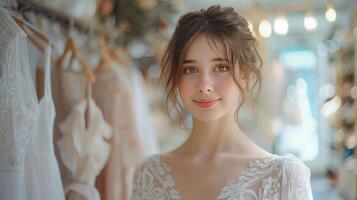 AI generated A young beautiful woman in a white dress stands in a bright store and chooses light dresses photo