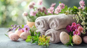 AI generated Easter-themed Towels and Fresh Flower Arrangements photo