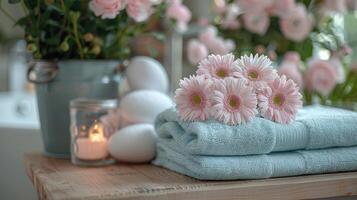 AI generated Fresh flower arrangements complement Easter-themed towels for a festive touch photo