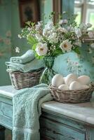 AI generated Easter-themed towels and fresh flower arrangements photo
