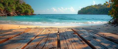 AI generated wooden board with beach background photo