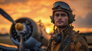 ai generado piloto en uniforme en pie siguiente a avión foto