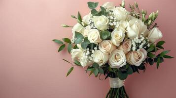 AI generated Bouquet of White Roses on Pink Background photo