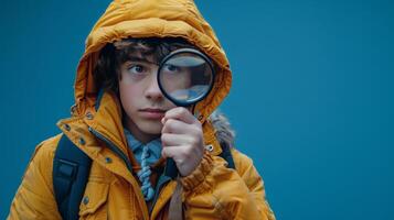 AI generated Boy in Yellow Jacket Looking Through Magnifying Glass photo