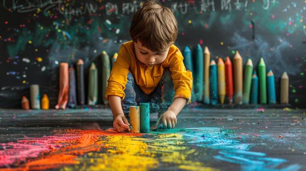 AI generated Little Boy Playing With Colored Crayons photo