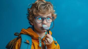 AI generated Boy in Yellow Jacket Looking Through Magnifying Glass photo