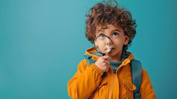 AI generated Boy in Yellow Jacket Looking Through Magnifying Glass photo