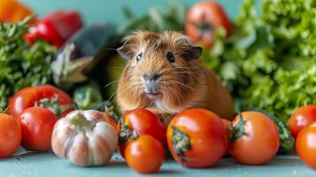 AI generated Brown and White Guinea Pig in a Produce Market photo