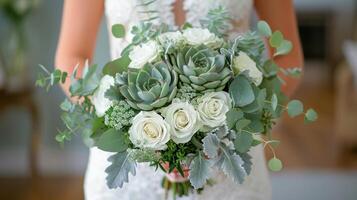 AI generated Bride Holding Bouquet of White Roses and Succulents photo
