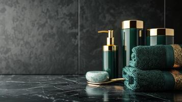 AI generated Elegant Bathroom With Green Towels and Gold Accents photo