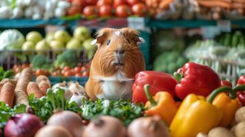 AI generated Brown and White Guinea Pig in a Produce Market photo