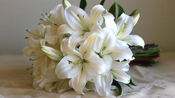 AI generated Bridal Bouquet of White Flowers on Bed photo