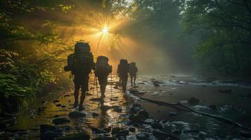 ai generado grupo de personas caminando mediante bosque foto