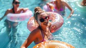 ai generado grupo de personas en piscina con inflables foto