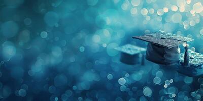 ai generado graduación gorra en el lluvia en azul antecedentes foto