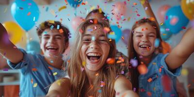 ai generado grupo de joven muchachas en pie juntos foto