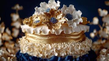 AI generated Three Tiered Cake With Gold and Blue Decorations photo