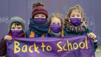 AI generated Group of Children Wearing Face Masks Holding Back to School Sign photo