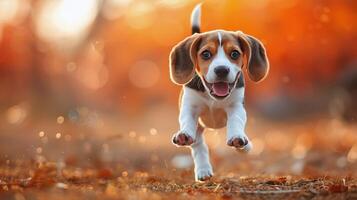 AI generated Beagle Puppy Running Through the Autumn Leaves photo