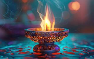 AI generated a lit indian incense lamp is sitting on a table with bokeh photo