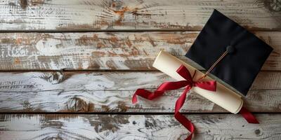 ai generado graduación gorra con rojo cinta atado foto