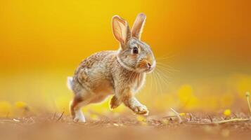 AI generated Three White Rabbits Sitting on Yellow Background photo