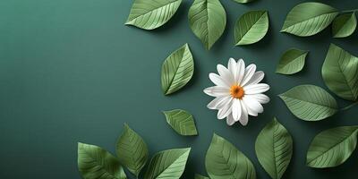 AI generated Floral Painting of Flowers and Leaves on Green Background photo