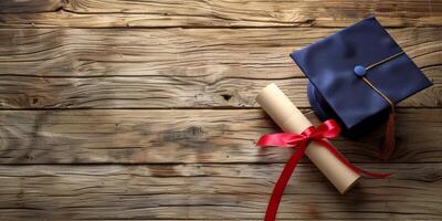 ai generado graduación gorra con rojo cinta atado foto