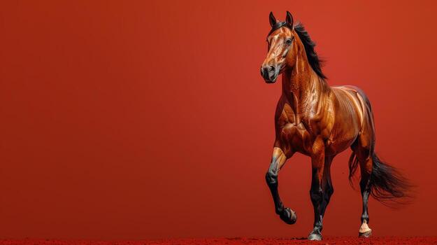 AI generated Brown Horse Standing on Red Field photo