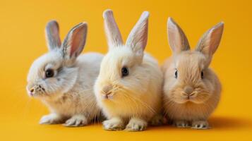 AI generated Three White Rabbits Sitting on Yellow Background photo