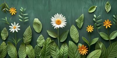 AI generated Floral Painting of Flowers and Leaves on Green Background photo