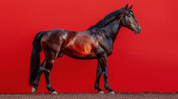 ai generado caballo en pie en frente de rojo pared foto