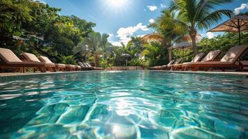 AI generated Swimming Pool Oasis With Lounge Chairs and Palm Trees photo