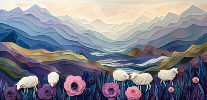 AI generated painting featuring some sheep grazing in the countryside photo