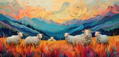AI generated painting consists of sheep on a field photo