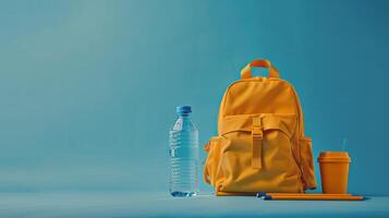 ai generado amarillo mochila y agua botella en azul antecedentes foto