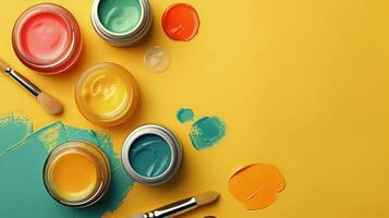 AI generated Group of Paint Cans and Brushes on Yellow Background photo