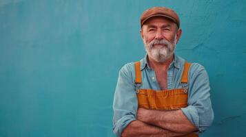 AI generated Man With Beard and Hat Standing in Front of Blue Wall photo