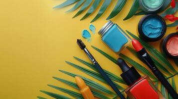 AI generated Group of Paint Cans and Brushes on Yellow Background photo