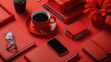 AI generated Red Desk With Laptop and Coffee Cup photo