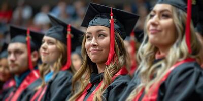 ai generado grupo de personas vistiendo graduación tapas y vestidos foto