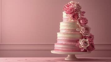 AI generated Three Tiered Cake With Pink Flowers on Top photo