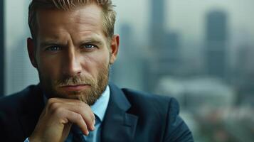 AI generated Man in Suit and Tie Standing in Front of Cityscape photo