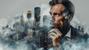 AI generated Man in Suit and Tie Standing in Front of Cityscape photo