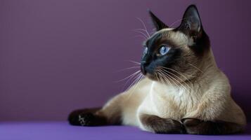 ai generado siamés gato sentado en púrpura superficie foto