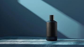 AI generated Blue Bottle of Perfume on Table photo