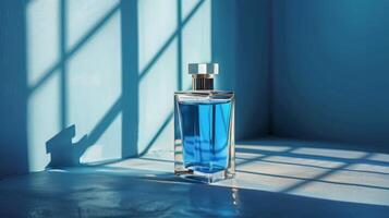 AI generated Blue Bottle of Perfume on Table photo