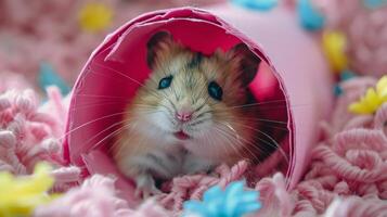 AI generated Hamster in Pink Cone on Blanket photo